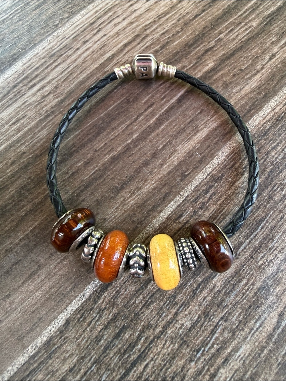 Pandora Black Leather Bracelet with Four Wood Beads & 3 Sterling Silver Spacers